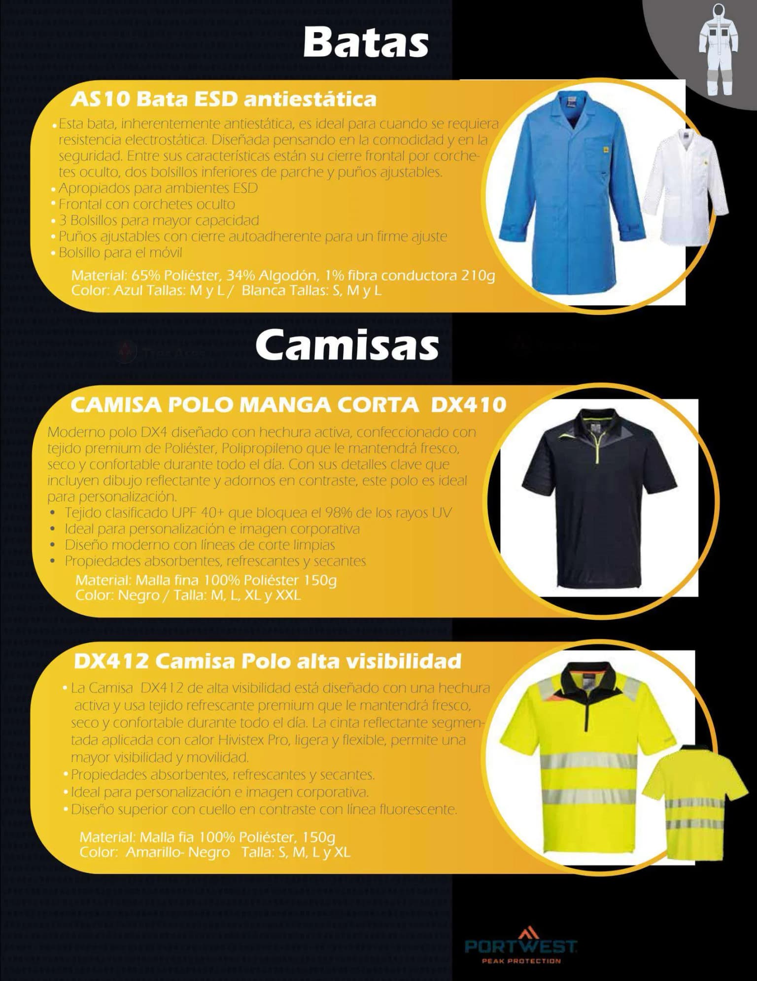 Bata ESD AS10, camisa polo DX410 y camisa polo alta visibilidad DX412 Portwest