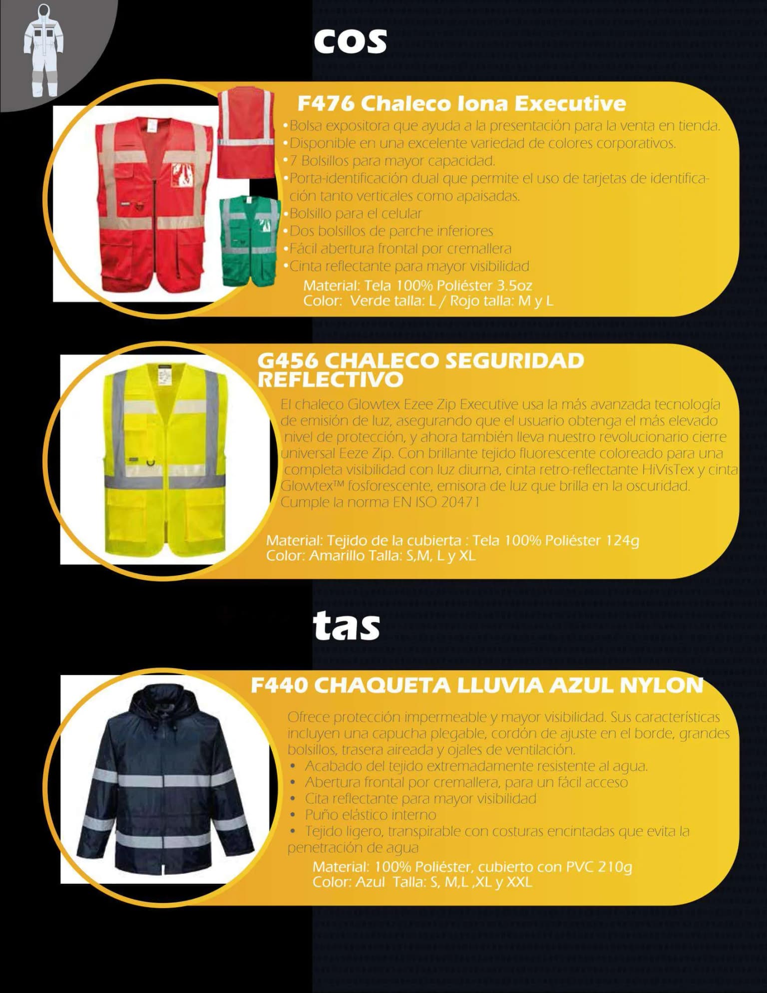 Chaleco Iona Executive F476, chaleco reflectivo G456 y chaqueta lluvia F440 Portwest