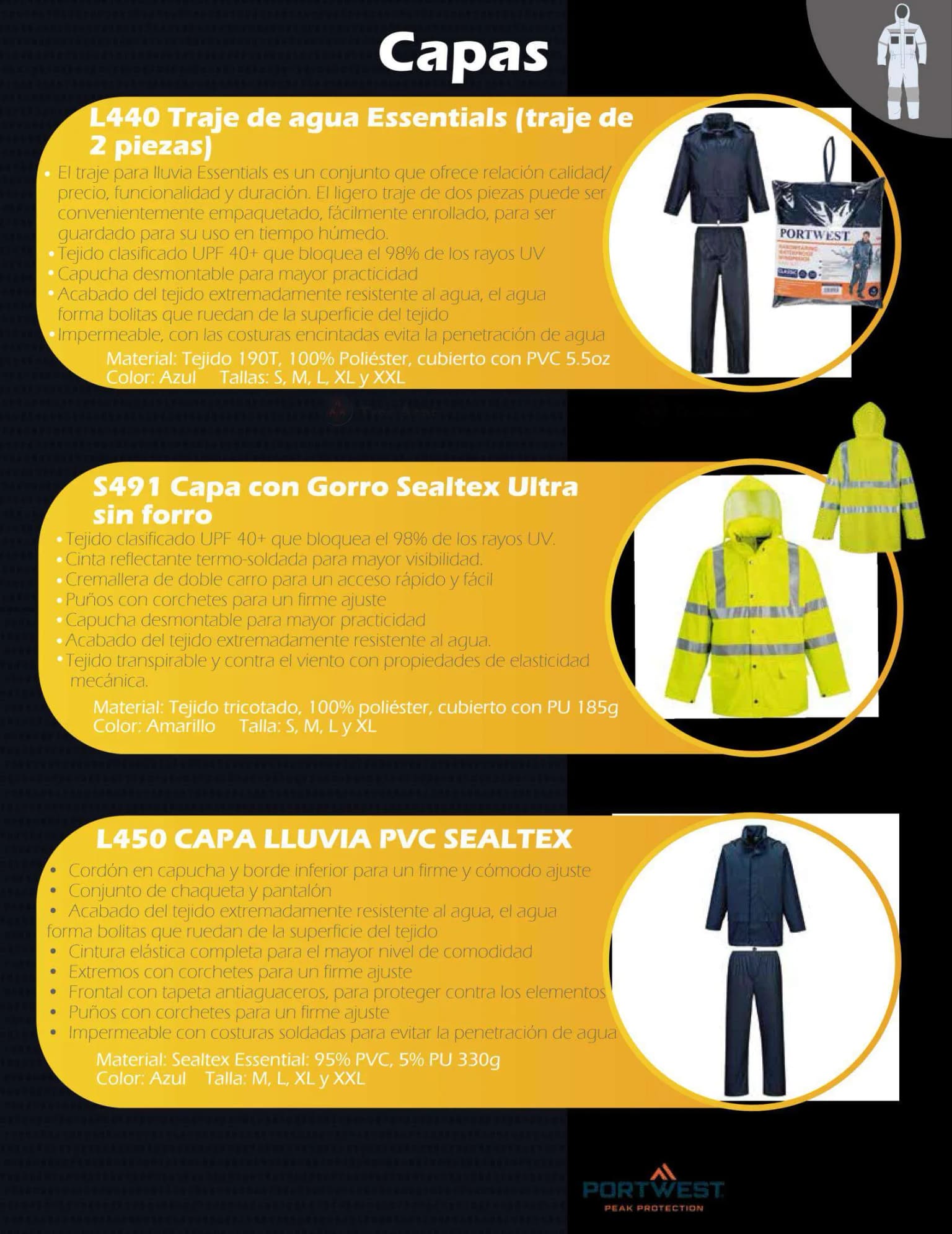 Capas Portwest L440 Essentials, S491 Sealtex Ultra y L450 PVC Sealtex