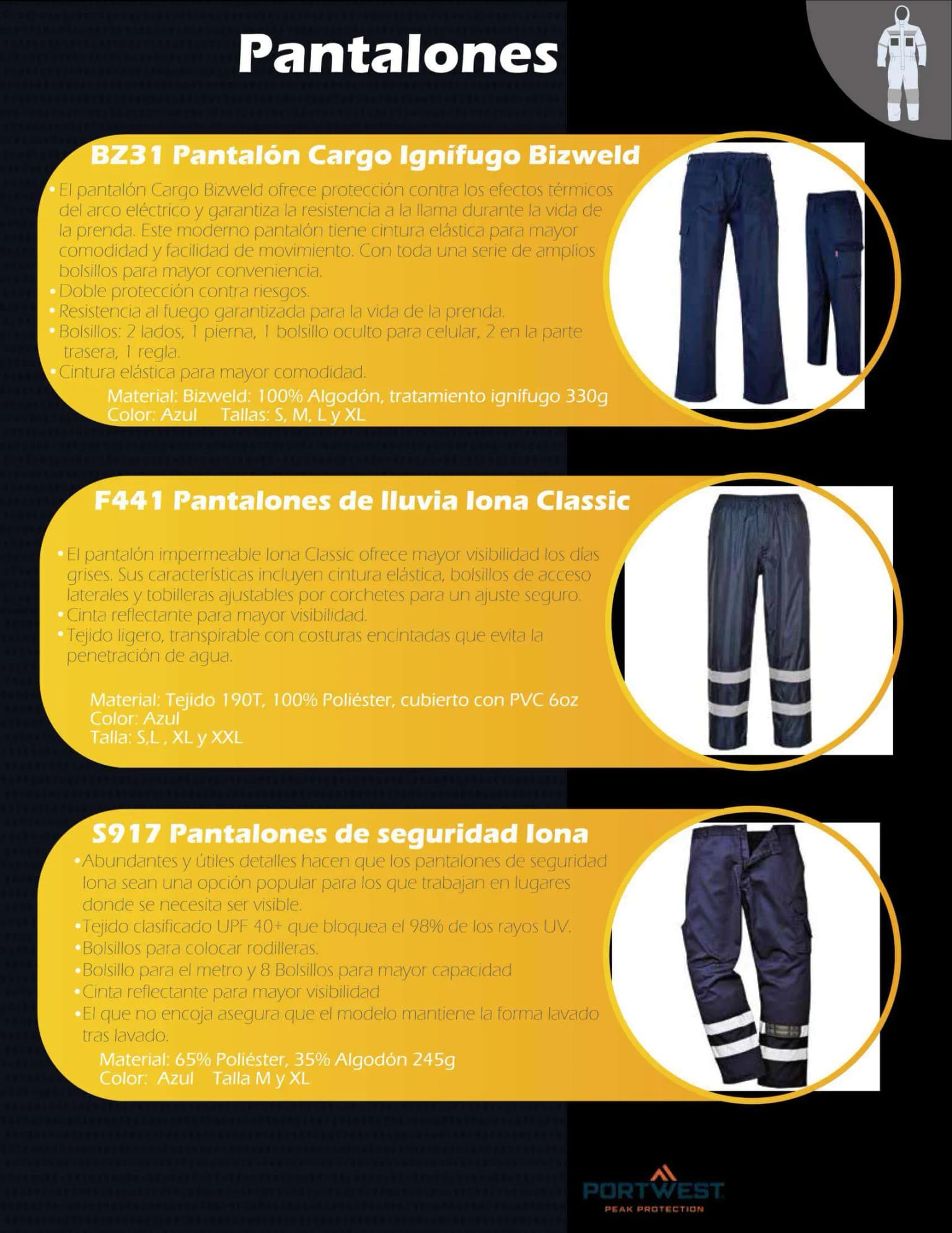 Pantalones Portwest BZ31 cargo ignífugo Bizweld, F441 lluvia Iona Classic y S917 seguridad