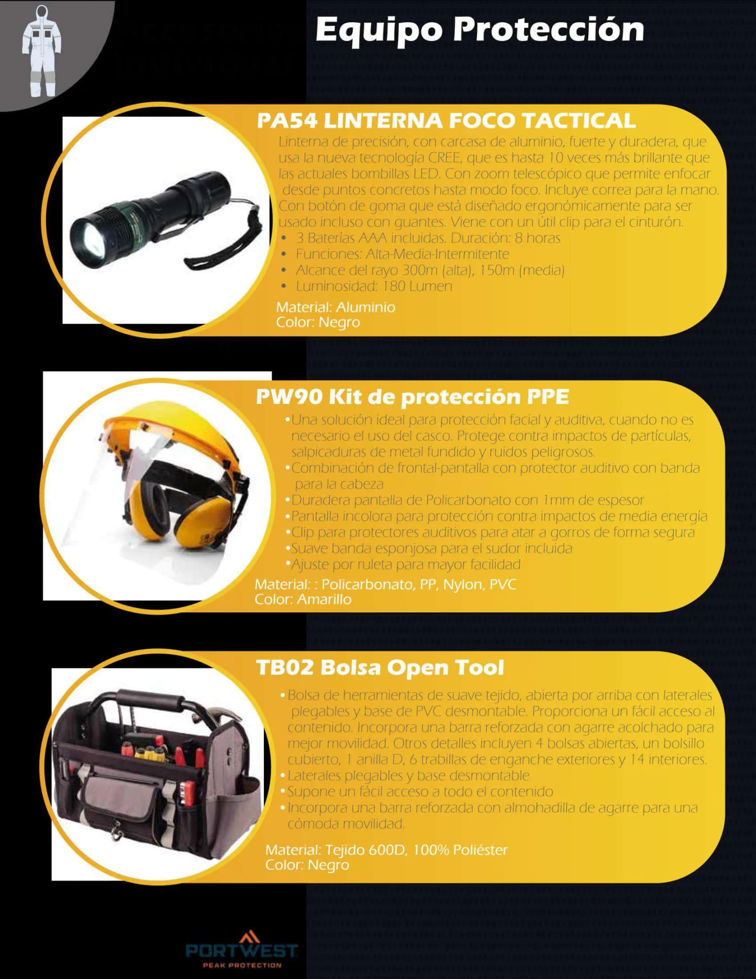 Accesorios Portwest PA54 linterna táctica, PW90 kit PPE y TB02 bolsa Open Tool